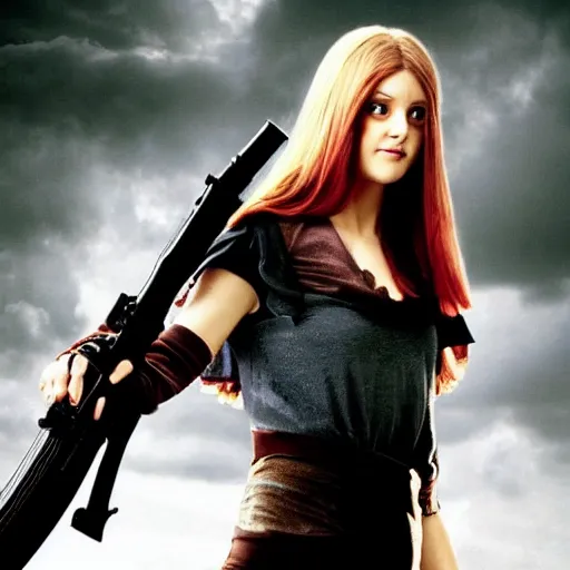 Image similar to Morgana from Merlin (2008) holding an AK47