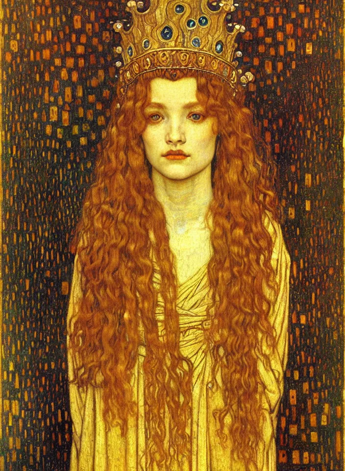 Image similar to detailed realistic beautiful young medieval queen face portrait by jean delville, gustav klimt and vincent van gogh, art nouveau, symbolist, visionary, gothic, pre - raphaelite, muted earthy colors, desaturated