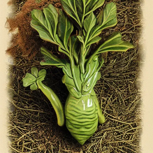 Prompt: fantasy mandrake root, in the ornamented porcelain pot, in the style of botanical illustration