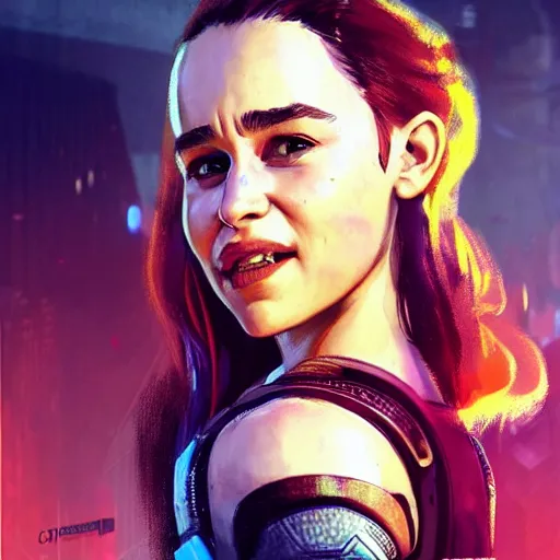 Prompt: Beautiful portrait of Emilia Clarke smiling warmly in Cyberpunk 2077 video game, concept art, poster, detailed, artstation