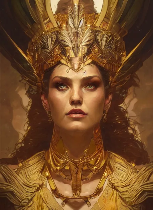 Image similar to the goddess hera looking angry, armour made of paper, volumetric lights, dystopian, intricate, elegant, highly detailed, digital painting, artstation, concept art, smooth, sharp focus, symmetric face, illustration, art by artgerm and greg rutkowski and alphonse mucha