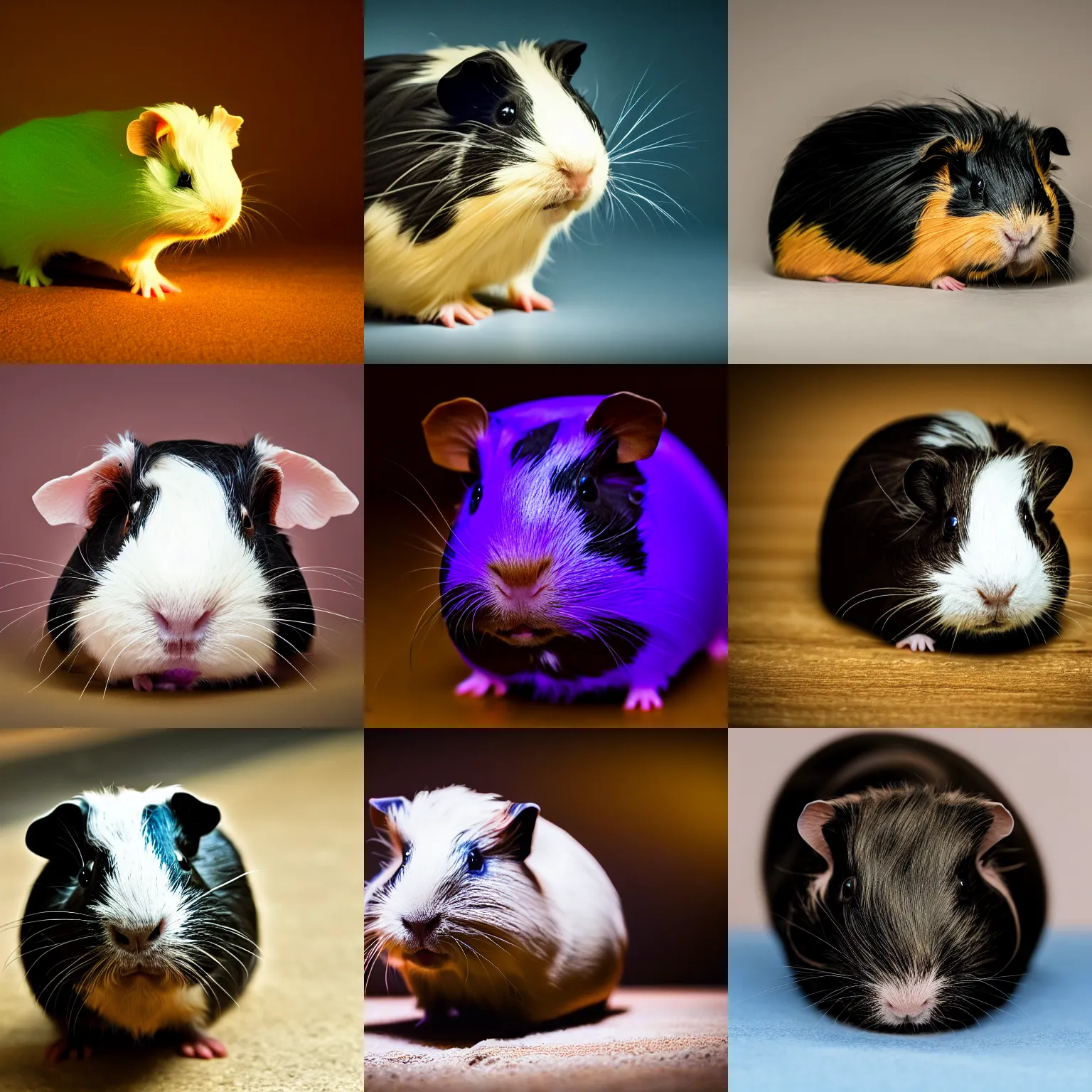 Prompt: a bioluminescent guinea pig, low light, low angle, high quality pet photography, f / 4