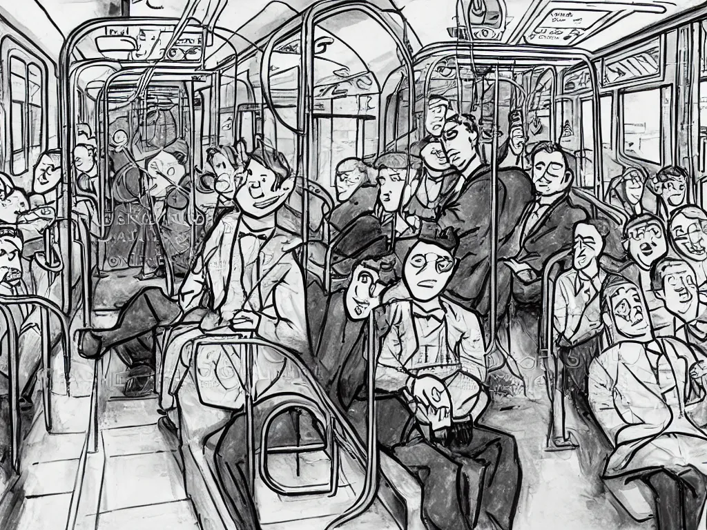 Image similar to (a flat shaded cartoon man in the style of Berkeley breathed), (sitting in a photo real Chicago subway car)