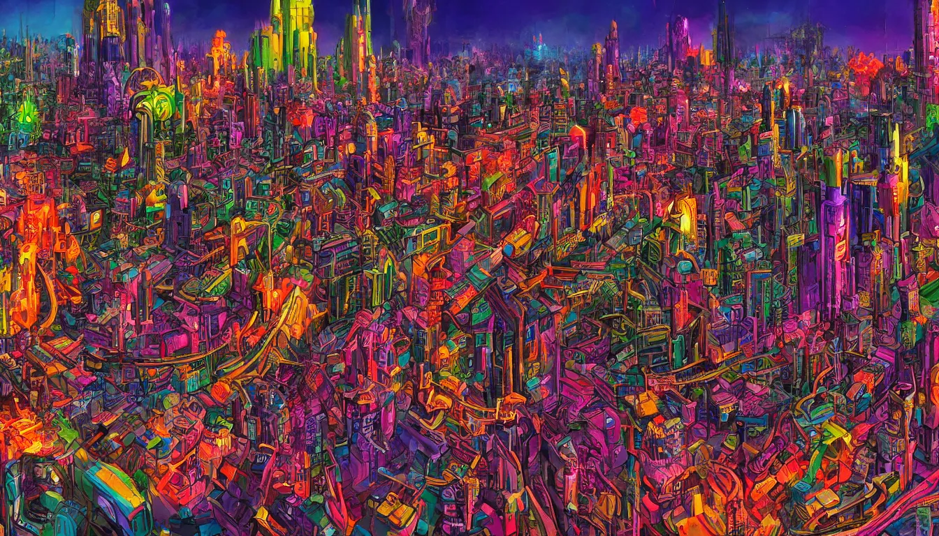 Image similar to surreal colorful nightmarish cityscape, 4k artwork by Ralph Bakshi