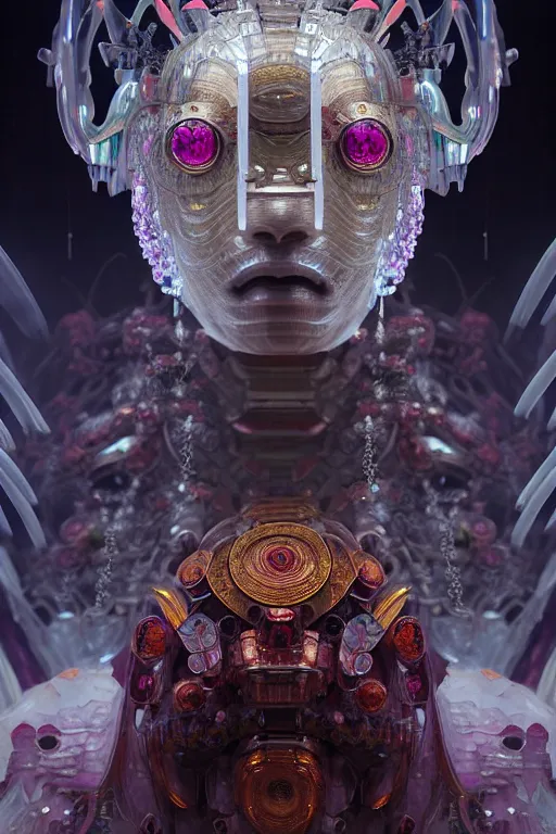 Image similar to asura from chinese myth, ghost, gorgeous and huge head ornaments, dystopian, cyberpunk, organic fractal mycelum and fungi, mecha, halfturn portrait of a big crystal face made of crystals half - turn, ominous, intricate, studio, art by anthony macbain + greg rutkowski + alphonse mucha, concept art, 4 k, sharp focus