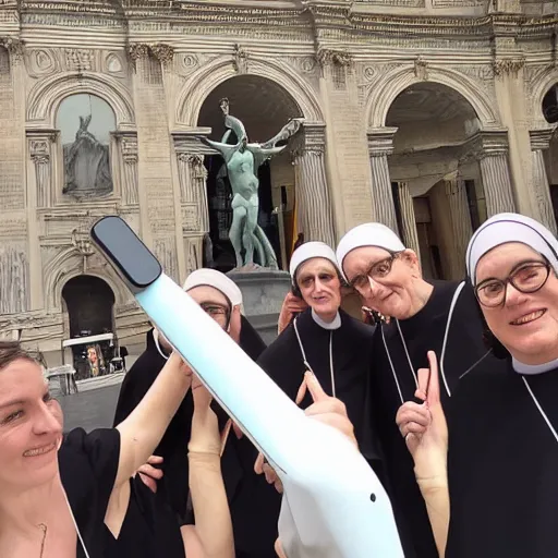 Prompt: statue of david by michelangelo and a group of nuns taking a selfie with a selfie stick