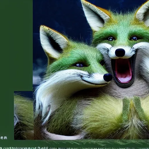 Image similar to A fanatsy world photo of a smiling green fox giving birth to three youngsters, 4k