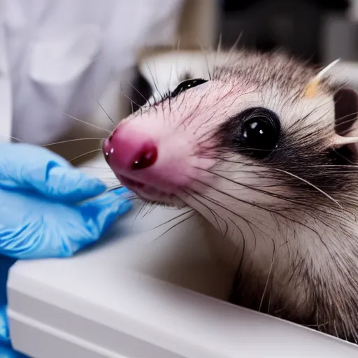 Image similar to anthropomorphic opossum laying dead on a coroner's table in a morgue, bright florescent lighting, scientific and medical equipment in the background, movie still, 4k