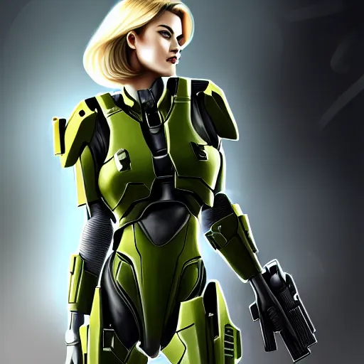 Image similar to A combination of Ada Wong's and Grace Kelly's and Ashley Greene's appearances with blonde hair wearing Master Chief's armor from Halo, high tech, action shot, angular, full body portrait, futuristic, dramatic, fantasy, intricate, elegant, highly detailed, digital painting, artstation, concept art, matte, sharp focus, illustration, 8K, art by Donato Giancola and James Gurney