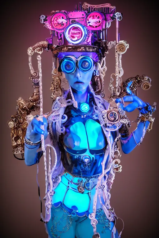 Image similar to full-body porcelain baroque steampunk futuristic style sculpture of a young beautiful goddess as a half-robot wearing cholo shades, blue glowing lips, mechanical fingers, oozing neon radioactive liquid, electric sparks, glowing hot magenta laser beam eyes, blue diamonds, golden steampunk necklace with a glowing white crystal orb, flowing pink satin, industrial fabrics, mechanical plants. baroque and steampunk elements. full-length view. baroque element. intricate artwork by caravaggio. Trending on artstation, octane render, cinematic lighting from the right, hyper realism, octane render, 8k, depth of field, 3D