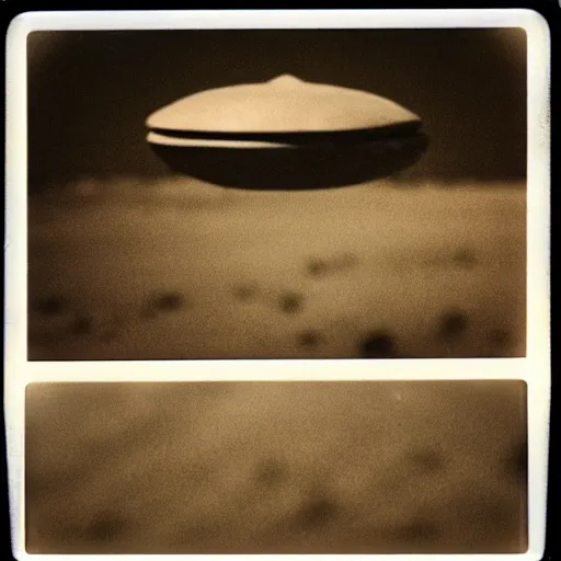 Prompt: a polaroid photograph of a flying saucer in the desert