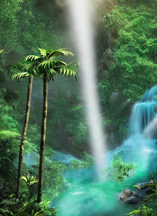 Image similar to epic jungle turquoise waterfall, highly detailed, mist, god rays, cinematic, cinematic lighting, octane render, ultra details, painting by Fred church, 8K