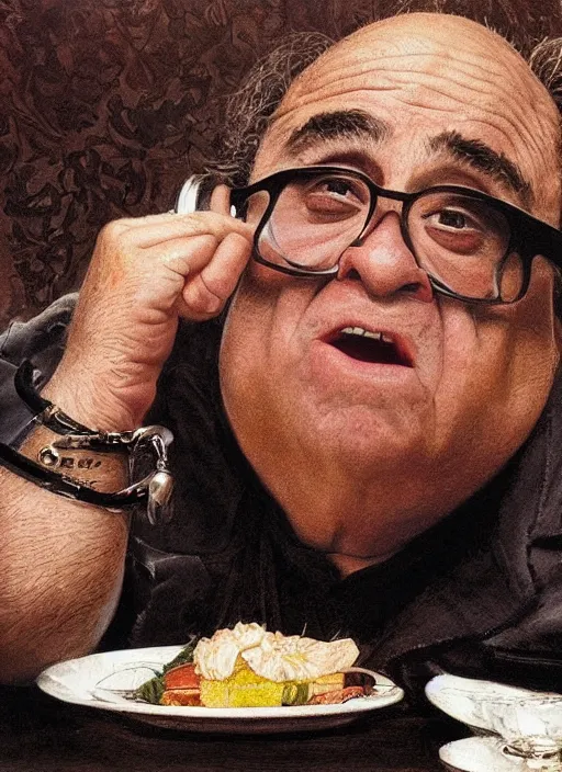 Image similar to danny devito sitting across the camera wearing a black choker staring into the camera, point of view, expensive restaurant, intricate, elegance, highly detailed, shallow depth of field, artgerm, donato giancola, joseph christian leyendecker