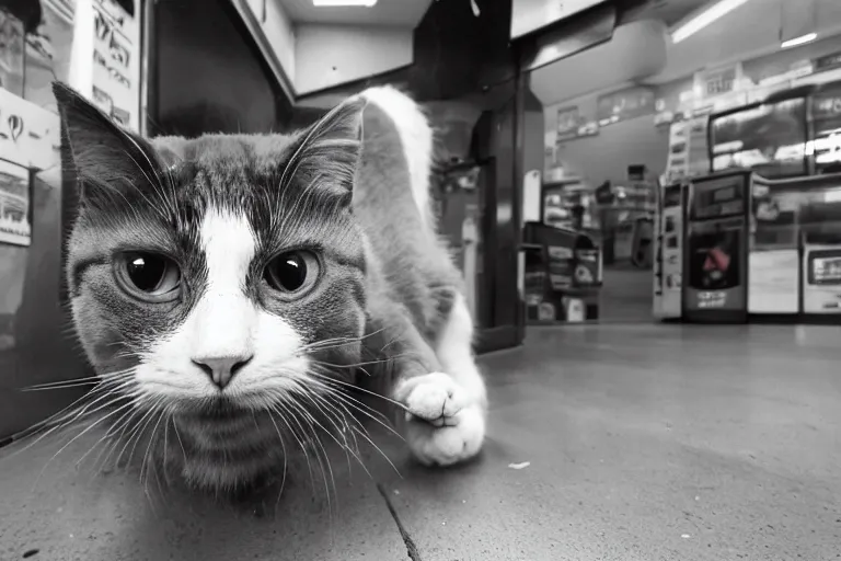 Image similar to cat with a cigarette in its mouth in 7 - eleven wide angle lens