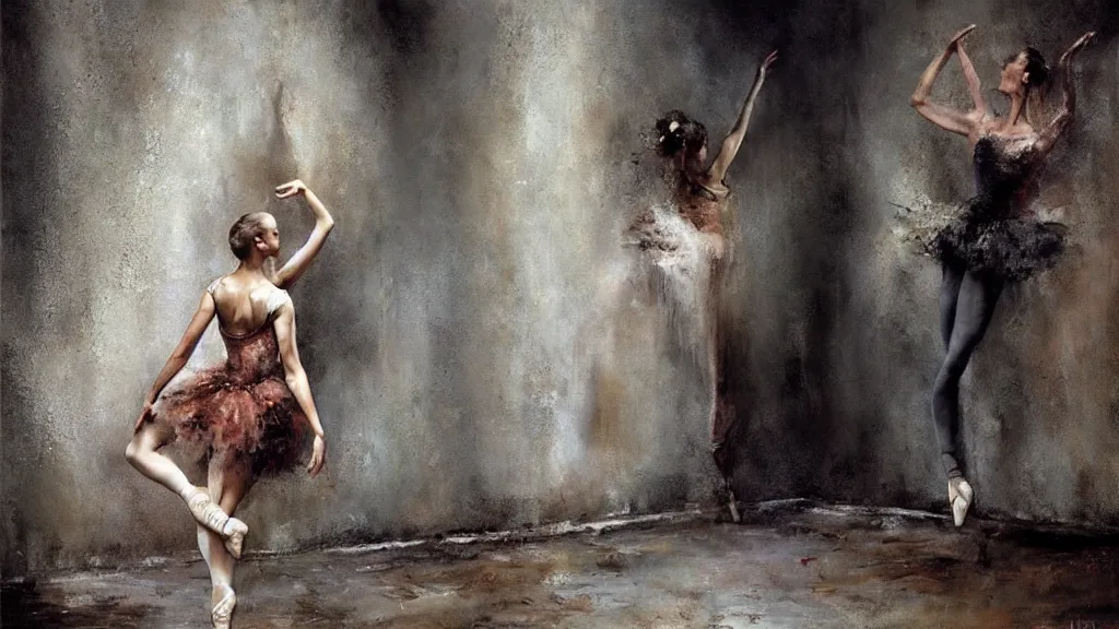 Image similar to photorealistic painting : ballerina dancing in front an dirty wall by craig mullins, oil on canvas, melancholic setting with interesting composition, realistic human with happy expression