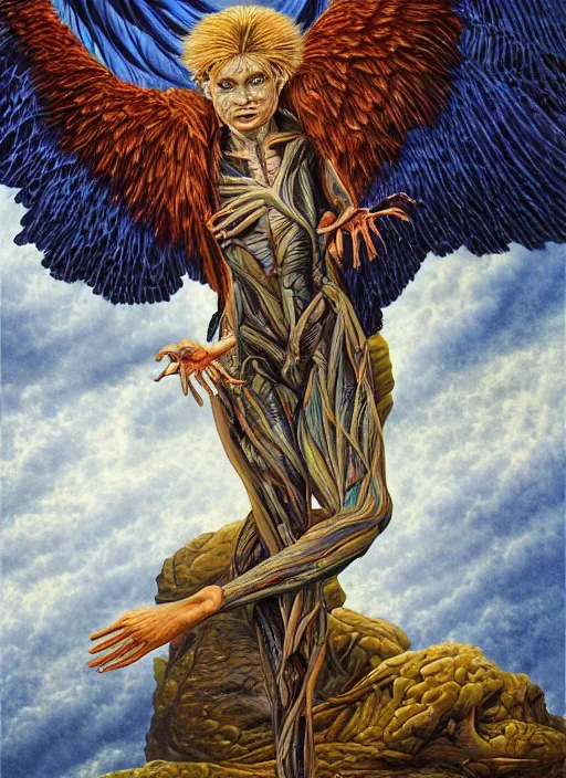 Prompt: an anatomical oil painting of a Harpy from a medical journal by Alex Grey and Julie Bell, highly detailed, high detail, 8k, storm clouds, birds, dramatic lighting