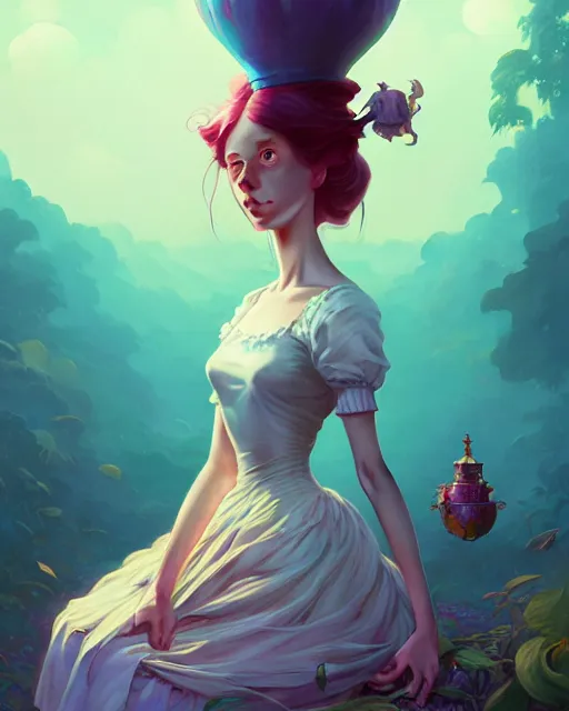 Image similar to highly detailed surreal vfx portrait of a alice in a wonderland, stephen bliss, unreal engine, greg rutkowski, loish, rhads, beeple, makoto shinkai and lois van baarle, ilya kuvshinov, rossdraws, tom bagshaw, alphonse mucha, global illumination, detailed and intricate environment