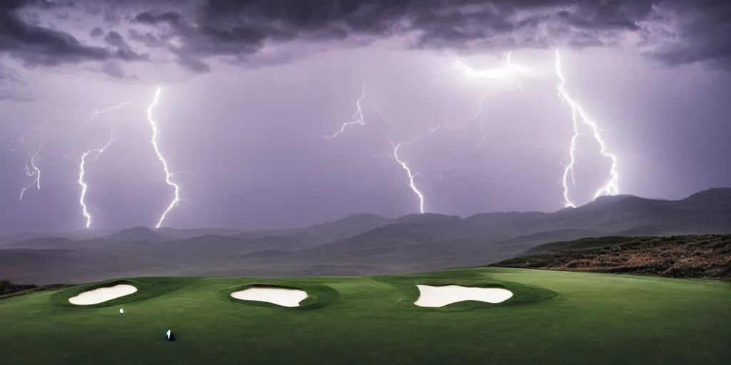 Prompt: a great photograph of the most amazing golf hole in the world, on top of the clouds, lightning storm, ambient light, golf digest, top 1 0 0, fog