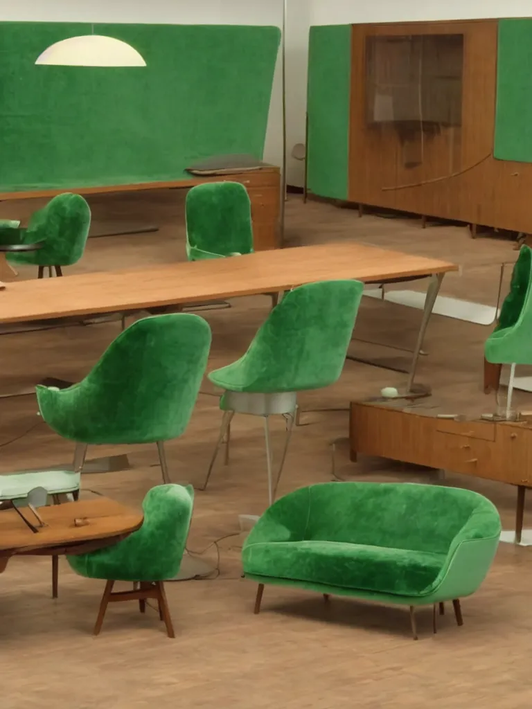 Prompt: a still of severance series ( 2 0 2 2 ) indoor 7 0 s green velvet and wood with metal furniture office scenario appearing in a film of jacques tati