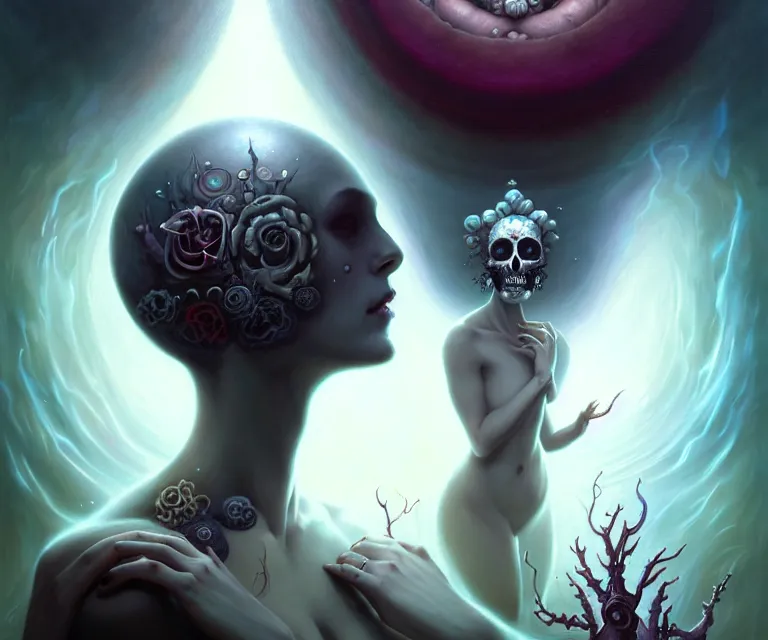 Prompt: mix media, stunning anima goddess of the void by charlie bowater and tom bagshaw, insanely detailed, artstation, psychedelic art. atoms surrounded by skulls and spirits deep under the sea, horror, sci - fi, surrealist painting, by peter mohrbacher anato finnstark