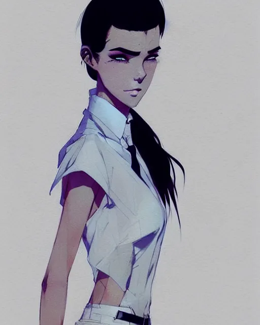 Image similar to a ultradetailed full body portrait of a woman dressed in a white shirt with a tie, by conrad roset, greg rutkowski and makoto shinkai trending on artstation