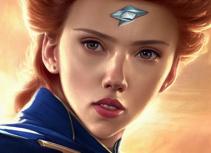 Image similar to a disney film still of scarlett johansson as a star trek officer, finely detailed features, closeup of the face, perfect art, dusk, blue hour, gapmoe yandere grimdark, trending on pixiv fanbox, painted by greg rutkowski, makoto shinkai, takashi takeuchi, alphonse mucha, akihiko yoshida