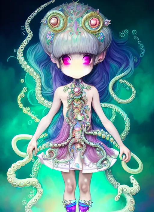 Image similar to A full body shot of a cute young magical girl wearing an ornate dress made of opals and tentacles. Chibi Monster GIrl. Subsurface Scattering. Dynamic Pose. Translucent Skin. Rainbow palette. defined facial features, symmetrical facial features. Opalescent surface. Soft Lighting. beautiful lighting. By Giger and Ruan Jia and Artgerm and WLOP and William-Adolphe Bouguereau and Loish and Lisa Frank. Fantasy Illustration. Sailor Moon. Masterpiece. trending on artstation, featured on pixiv, award winning, cinematic composition, dramatic pose, sharp, details, Hyper-detailed, HD, HDR, 4K, 8K.