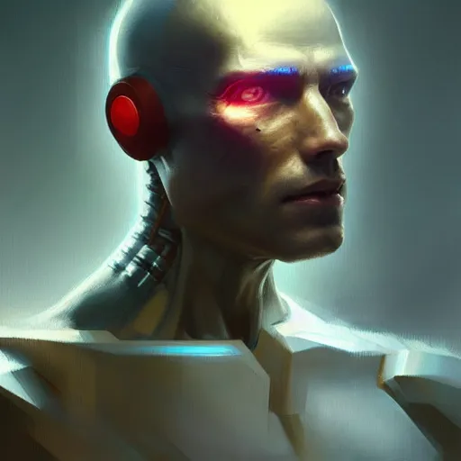 Prompt: cyborg man with cybernetic implants, beautiful, concept art oil painting, portrait ethereal by jama jurabaev, greg rutkowski extremely detailed, brush hard, artstation, soft light