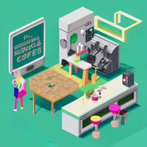Image similar to isometric cartoon of funky recreational cannabis cafe area, baristas coffee machine, aluminum sheen, people drinking coffee and smoke cannabis cigarettes, weed vending machines, only 3 tables beanbags, 4 cannabis pots, by benoit mandelbrot, low poly cute minimal interior design concept art illustrated by anni albers, 2 d game art