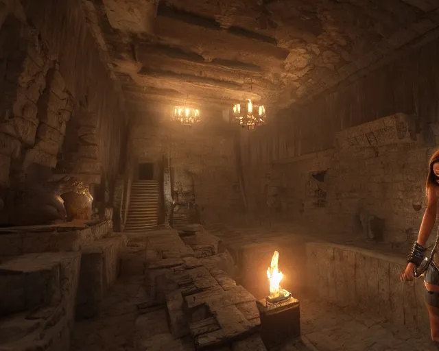 Image similar to screenshot of tomb raider uncharted indiana jones game ps 5, an ancient undiscovered egyptian treasure room entirely made of shiny gold walls, chest full of ingots and gems and precious, concept art, architecture design, pyramids style, rtx, nvidia, renderer, stunning graphics