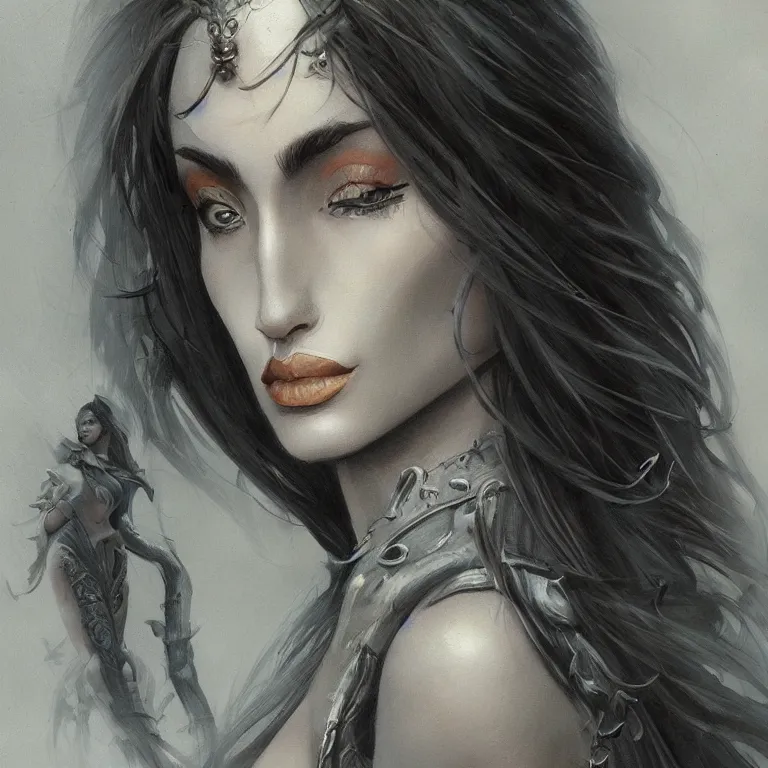 Image similar to a portrait of a beautiful female wizard, full face, beautiful clothes, style of Boris Vallejo and Frank Frazetta, very detailed, fantasy art, rule of thirds, trending on artstation and deviantart