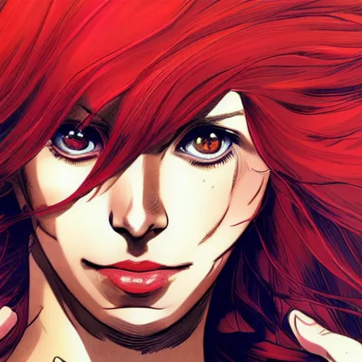 Prompt: portrait of jean grey, a beautiful woman in her 3 0 s, with red hair and green eyes, detailed face, beautiful face, delicate features, smooth, sharp focus, graphic novel, art by kazue kato and kore yamazaki and toni infante,