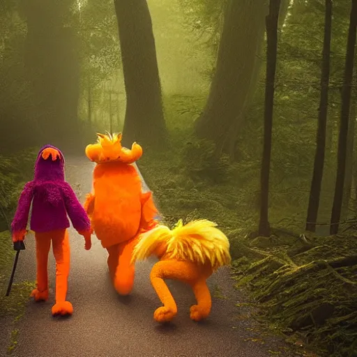 Prompt: a large orange kitsune muppet wearing a dark hooded cloak and herding a bunch of random muppet animals following behind through a dark foreboding misty blue forest, sesame street, photograph, photography, ultrarealistic, national geographic