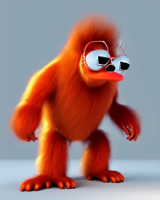 Image similar to 3 d render of completely red hairy friendly antropomorphic creature wearing chrome shades, without nose, shy smile, full body, standing on 2 feet, in the style of pixar, white background, unreal engine 5, octane render, highly detailed hdr