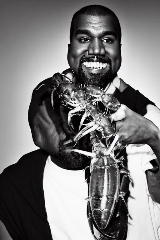 Image similar to kanye west with a giant crustacean crawling out of his mouth black and white photograph 50mm