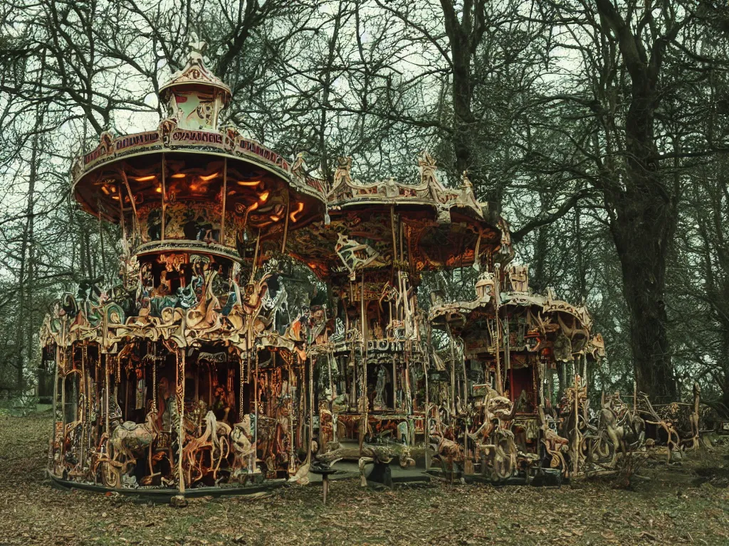 Image similar to a haunted creepy abandoned secret carousel with elaborately intricate carved wooden figures of animals, pine treehouse, slime, swamp, discovered in a secret garden, hedgemaze, photo taken on fujifilm superia film, 3 5 mm film