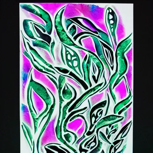 Prompt: watercolor fluorescent white ink on black paper, iridescent, vibrant color organic art form symmetrical plant life