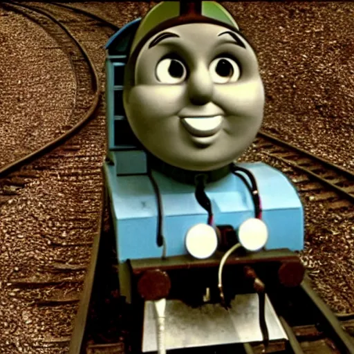 Prompt: cursed Thomas the tank engine, found footage, grainy, creepy, backrooms