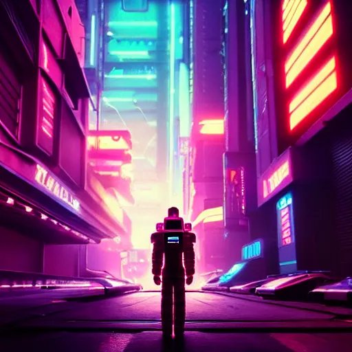 Image similar to professional photo of astronaut on cyberpunk street, synthwave, blade runner, hyperrealistic masterpiece, trending on artstation, cgsociety, kodakchrome, golden ratio, cinematic, composition, beautiful lighting, hyper detailed, sharp focus, octane render, 4 k, unreal engine