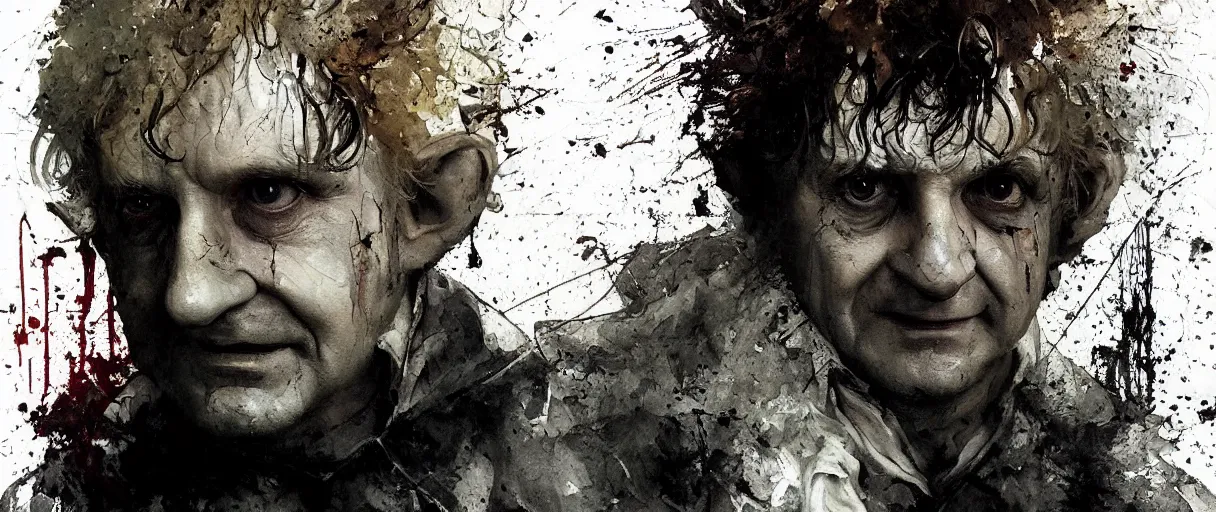 Image similar to portrait of scarry bilbo baggins from lord of the rings, jupscare scene with ian holm from fellowship of the ring by emil melmoth zdzislaw beksinki craig mullins yoji shinkawa realistic render ominous detailed photo atmospheric by jeremy mann francis bacon and agnes cecile ink drips paint smears digital glitches glitchart