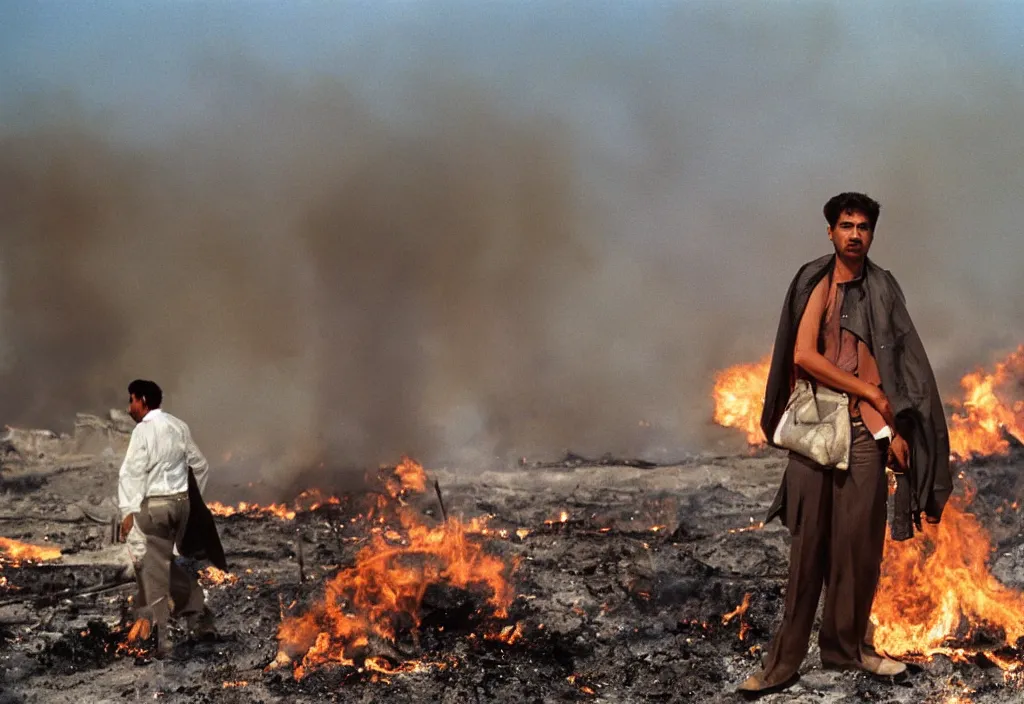 Image similar to portrait photograph fashion in Kuwait oil fields fire burning. 1991.