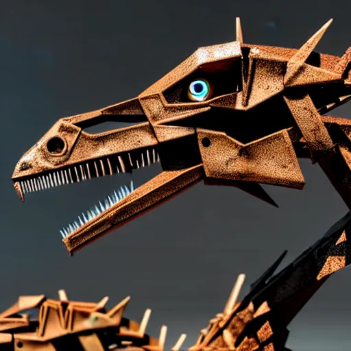 Prompt: a cyborg velociraptor made out of rusty metal gears, photorealistic 3 d octane render, unreal engine