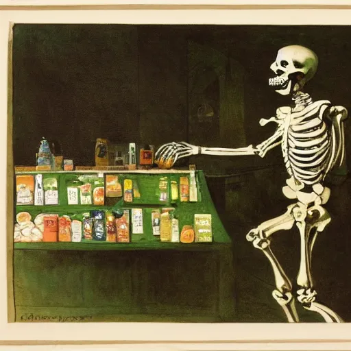 Prompt: a skeleton scanning groceries behind the cash register at Safeway while wearing a green apron, by Francisco Goya, Arnold Bocklin, chiaroscuro