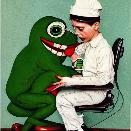 Image similar to pepe the frog at the dentist by norman rockwell