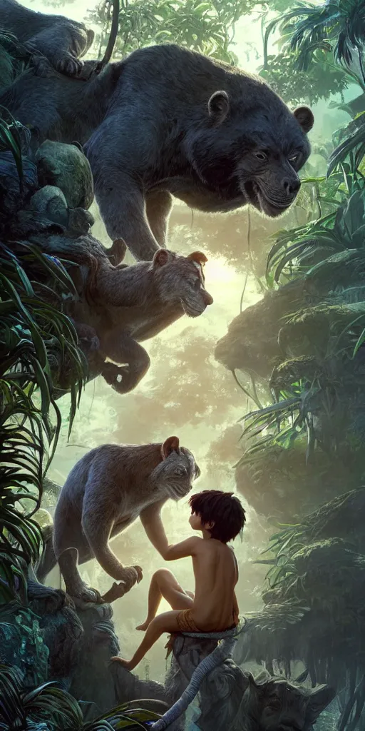 Image similar to still from the jungle book if made by krenz cushart and wenjun lin, portrait, illustration, rim light, top light, summer clear blue sky, perfectly shaded, soft painting, epic, intricate, art