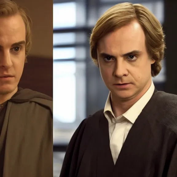 Image similar to anakin skywalker played by hayden christensen wearing jedi robes is talking to lawyers saul goodman played by bob odenkirk wearing a suit and kik wexler played by rhea seehorn in court, better call saul court scene 1 0 8 0 p, jimmy mcgill in court, court session images, realistic faces