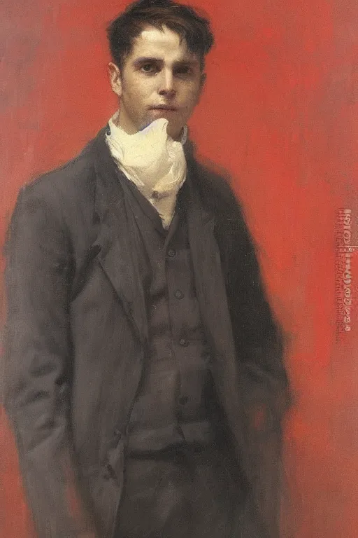 Prompt: Solomon Joseph Solomon and Richard Schmid and Jeremy Lipking victorian genre painting full length portrait painting of a young man going to work, red background