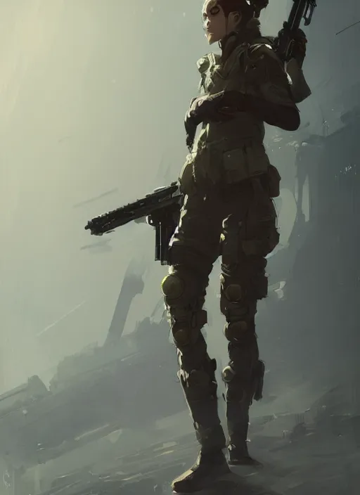 Image similar to of a beautiful sniper girl in war, with futuristic gear, in the style of greg rutkowski, artstation, high quality art