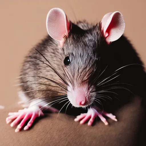 Prompt: cute pet rat snuggling with a human, portrait photography, soft studio light, cute animal picture