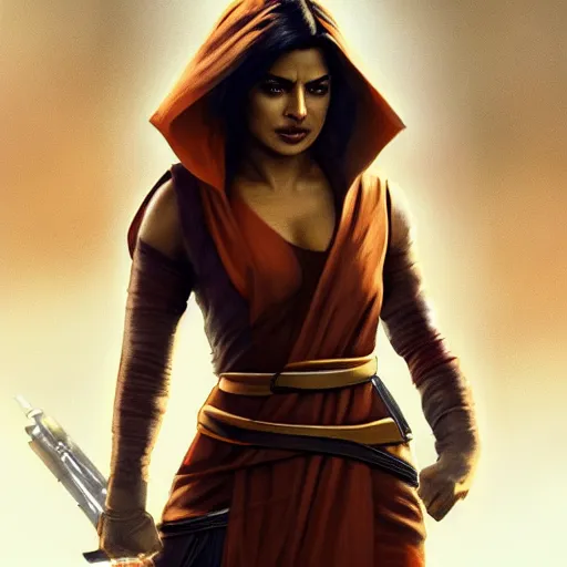 Image similar to priyanka chopra as a jedi master in brown robe, style of Raymond Swanland, cinematic, artstation